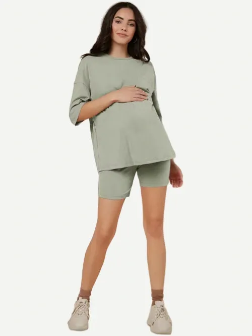 Casual Maternity Clothing Women's Drop Shoulder Tee and Legging Shorts