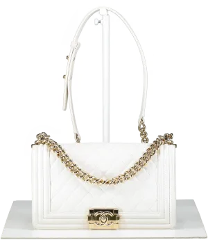 Chanel White Calfskin & Gold-tone Metal Medium Boy Bag