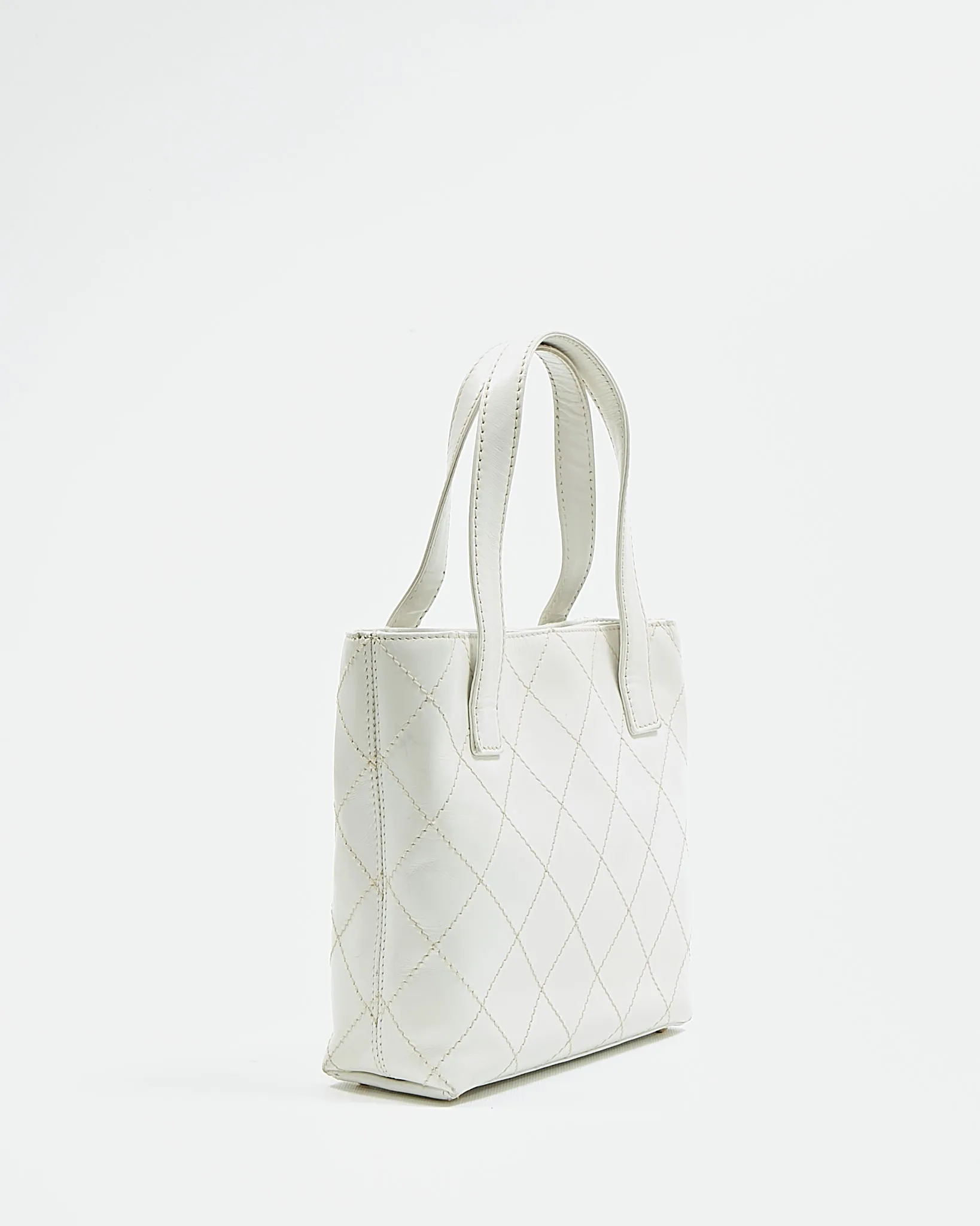 Chanel White Leather Quilted Top Handle Bag