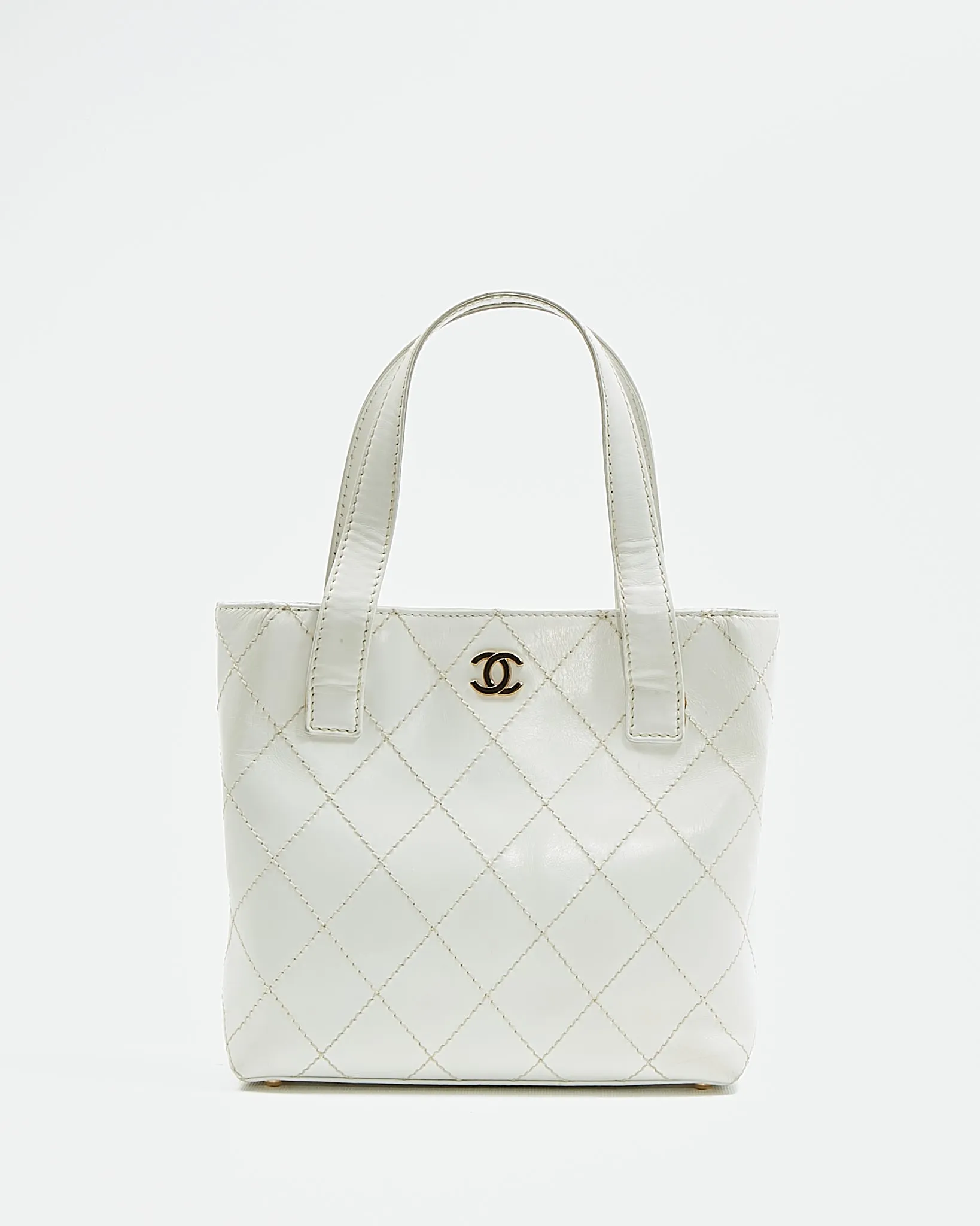 Chanel White Leather Quilted Top Handle Bag