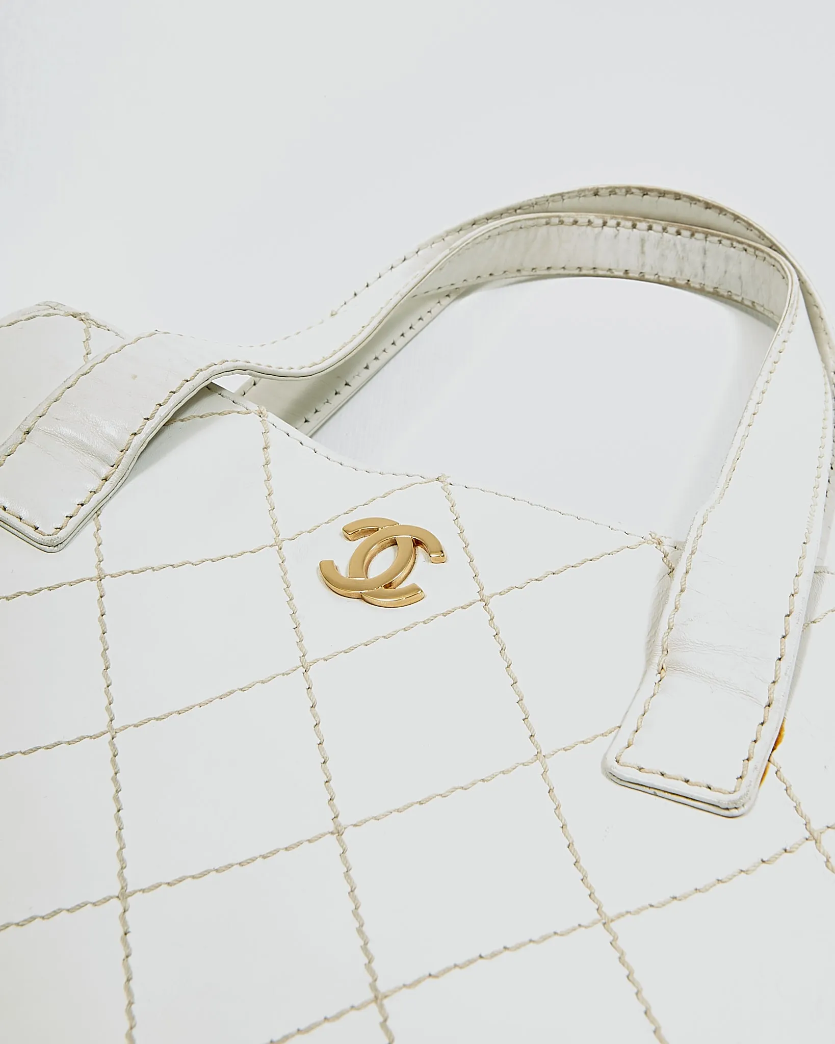 Chanel White Leather Quilted Top Handle Bag