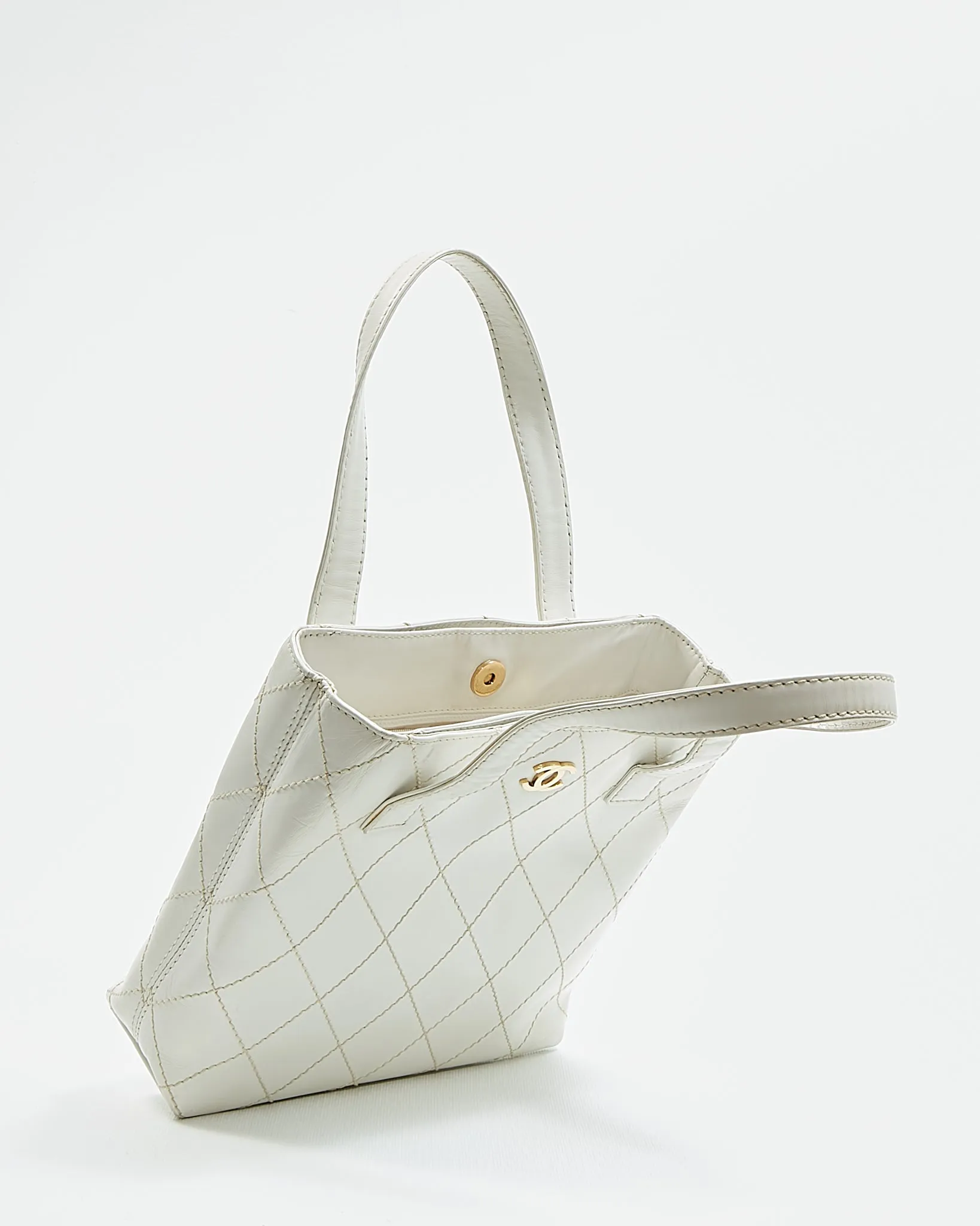 Chanel White Leather Quilted Top Handle Bag