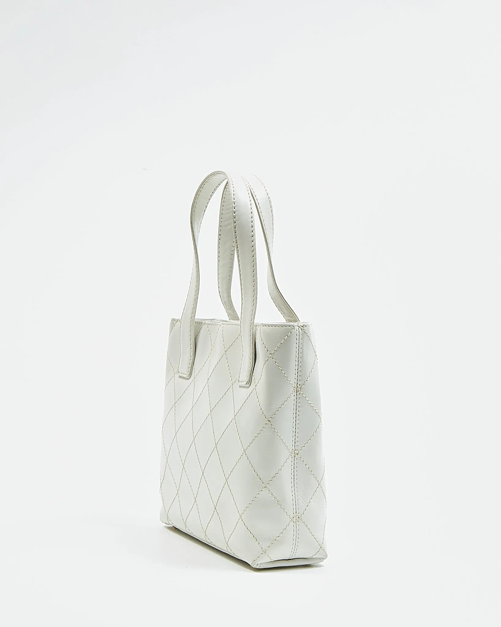 Chanel White Leather Quilted Top Handle Bag