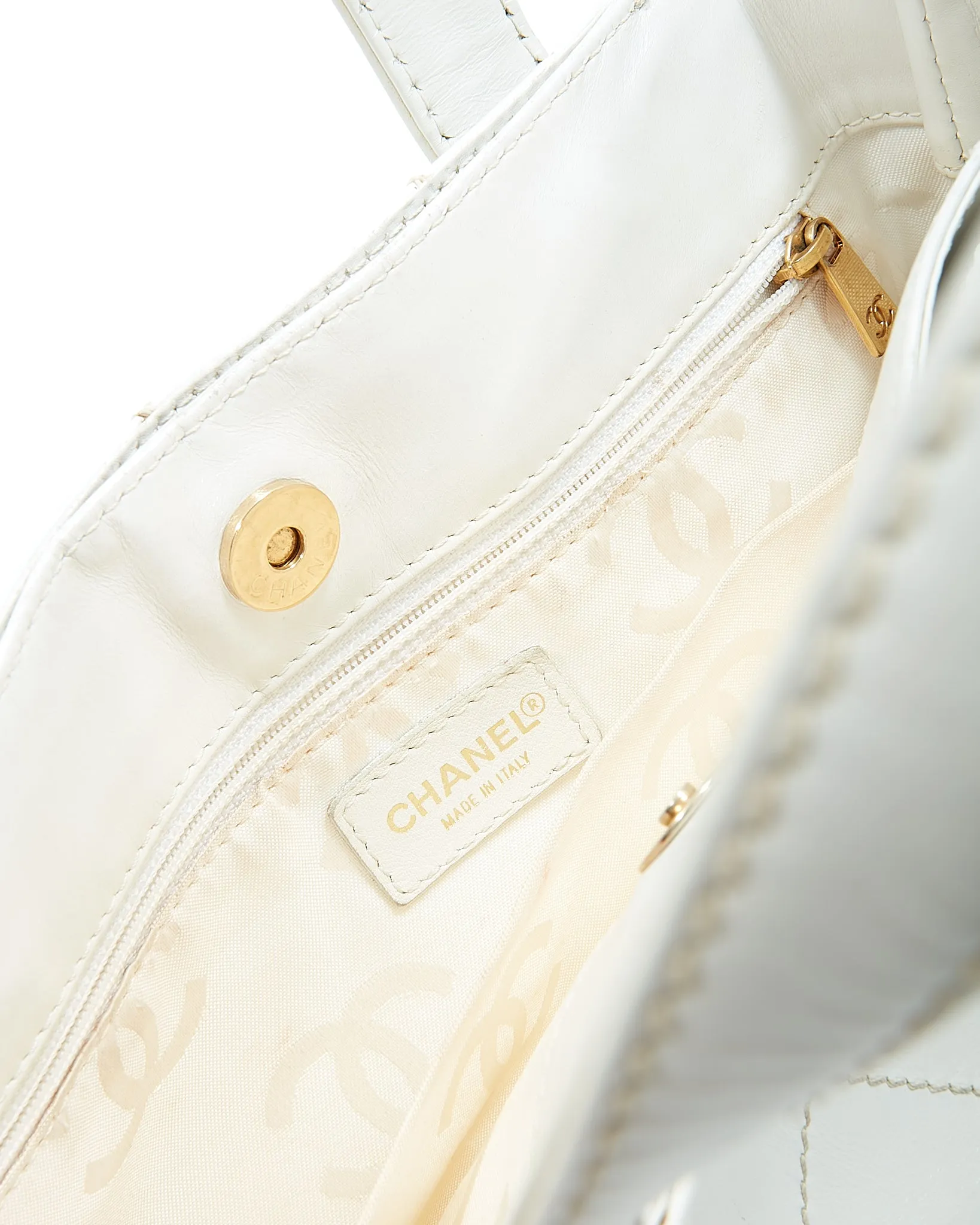 Chanel White Leather Quilted Top Handle Bag