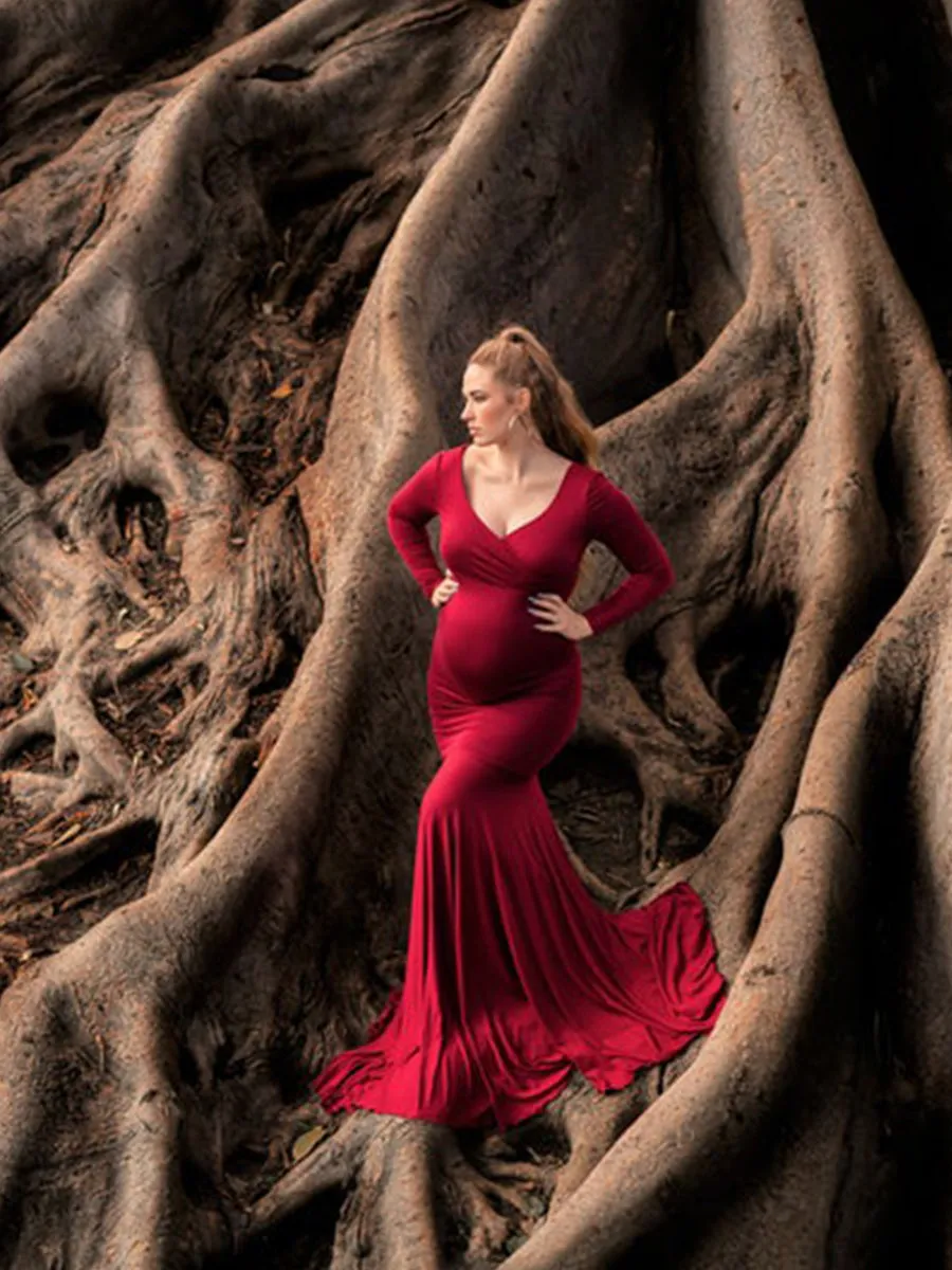 Cheaper Price V Neck Long Sleeves Strech Material Mermaid Maternity Dress YW220916