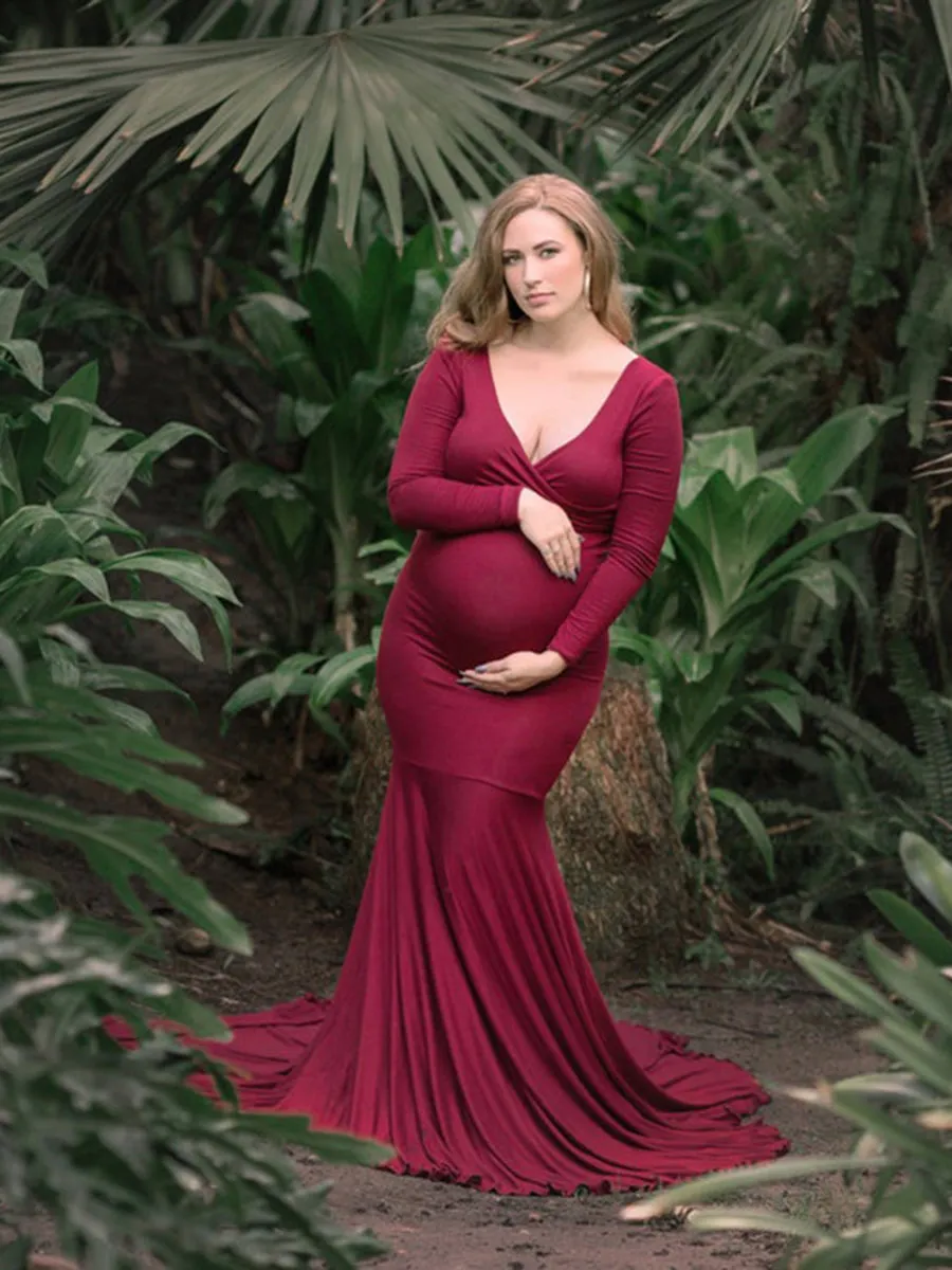 Cheaper Price V Neck Long Sleeves Strech Material Mermaid Maternity Dress YW220916