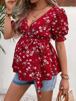 Cherry Vibes Blusa Floral de Maternidad con Cinturón en CR