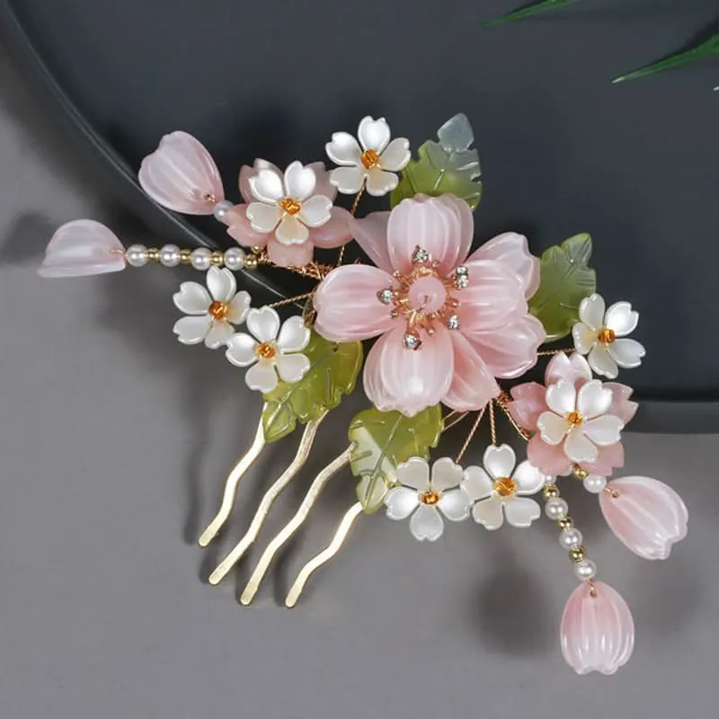 Chinese-Style Pink Flower Hair Clip Set