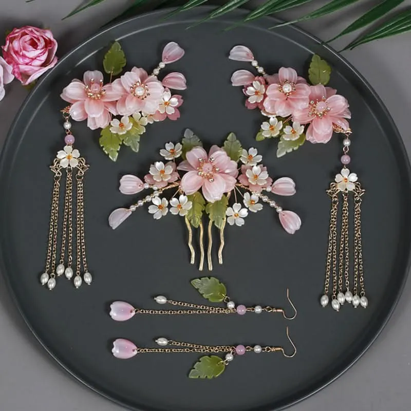 Chinese-Style Pink Flower Hair Clip Set