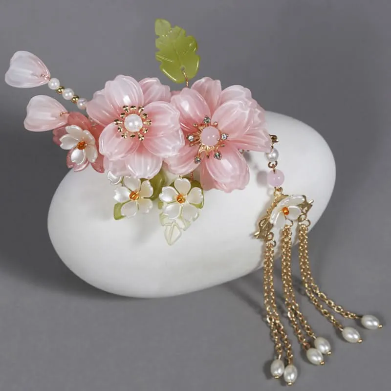 Chinese-Style Pink Flower Hair Clip Set