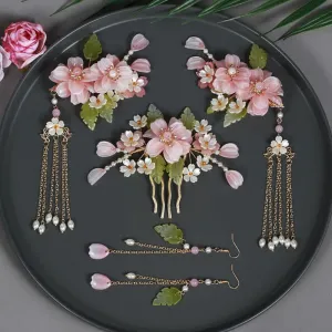 Chinese-Style Pink Flower Hair Clip Set