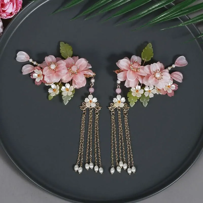 Chinese-Style Pink Flower Hair Clip Set