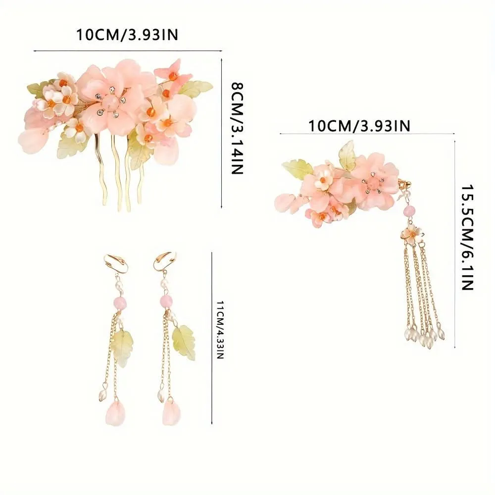Chinese-Style Pink Flower Hair Clip Set