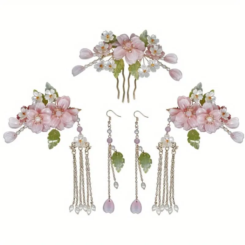 Chinese-Style Pink Flower Hair Clip Set