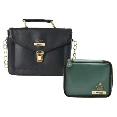 Customized Women's Buttoned Leather Bag   Mini Make up Kit - Black Olive Green