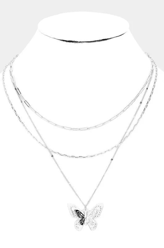 Cut Out Metal Butterfly Triple Layer Necklace (gold & silver )
