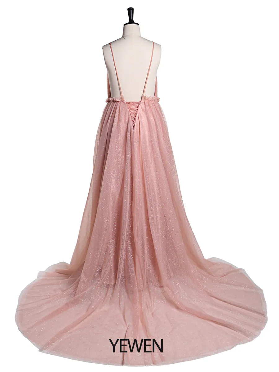 Deep V Neck Tulle Maternity Dress for Photo Shoot Flowers Maternity Dress Maxi Gown Baby Shower Dress Photo Props