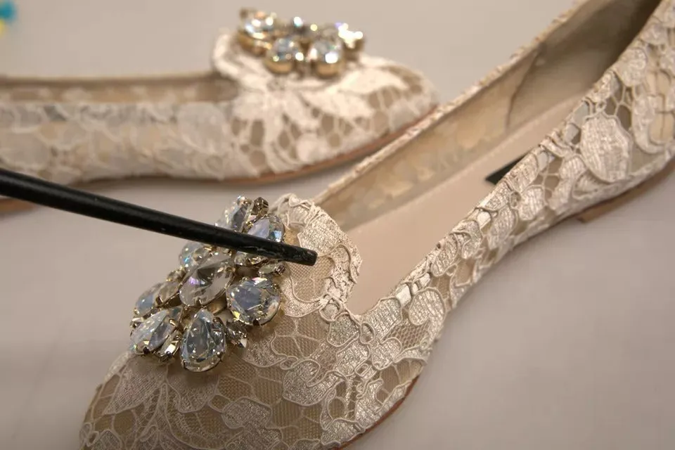 Dolce&Gabbana Women Beige Ballet Flats Viscose Floral Lace Moccasins Sz EUR 36.5
