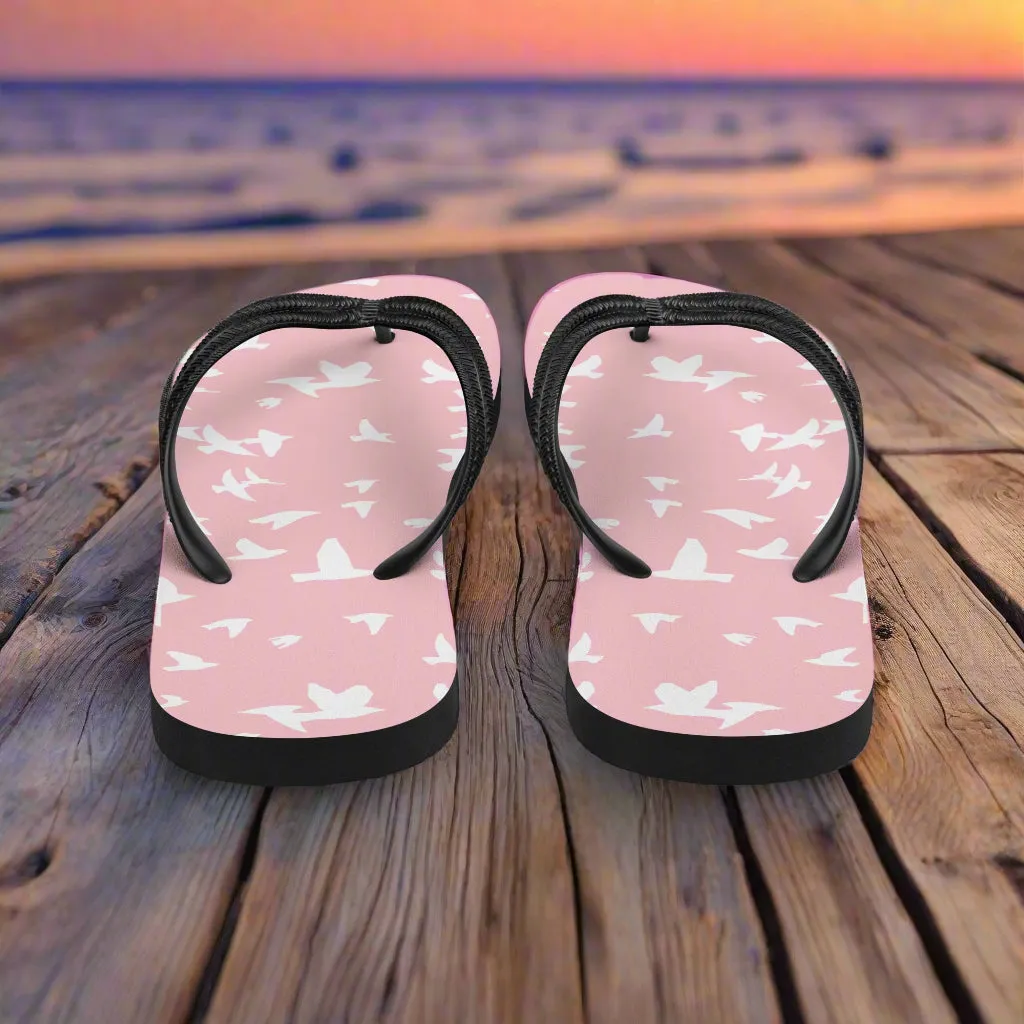 Eden Garden Pink White Bird Print Flip-Flops For Women