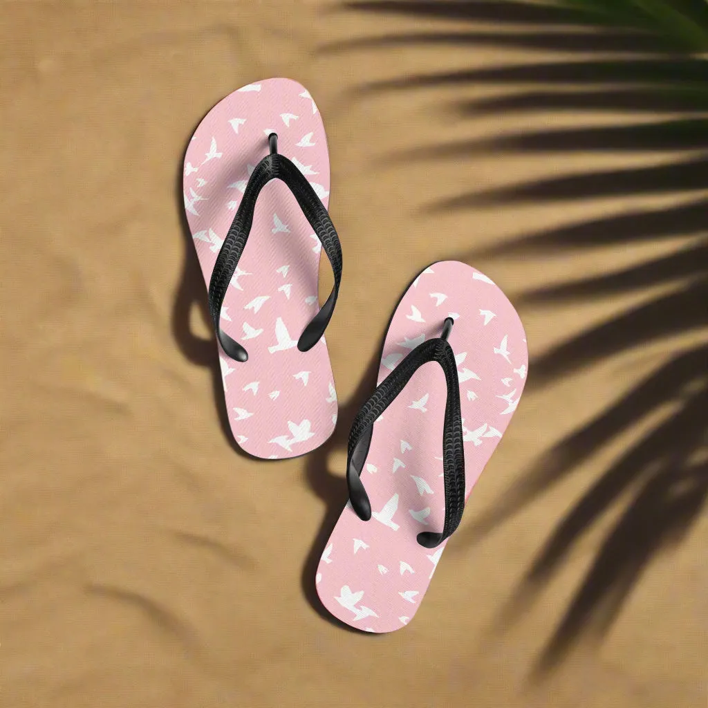 Eden Garden Pink White Bird Print Flip-Flops For Women