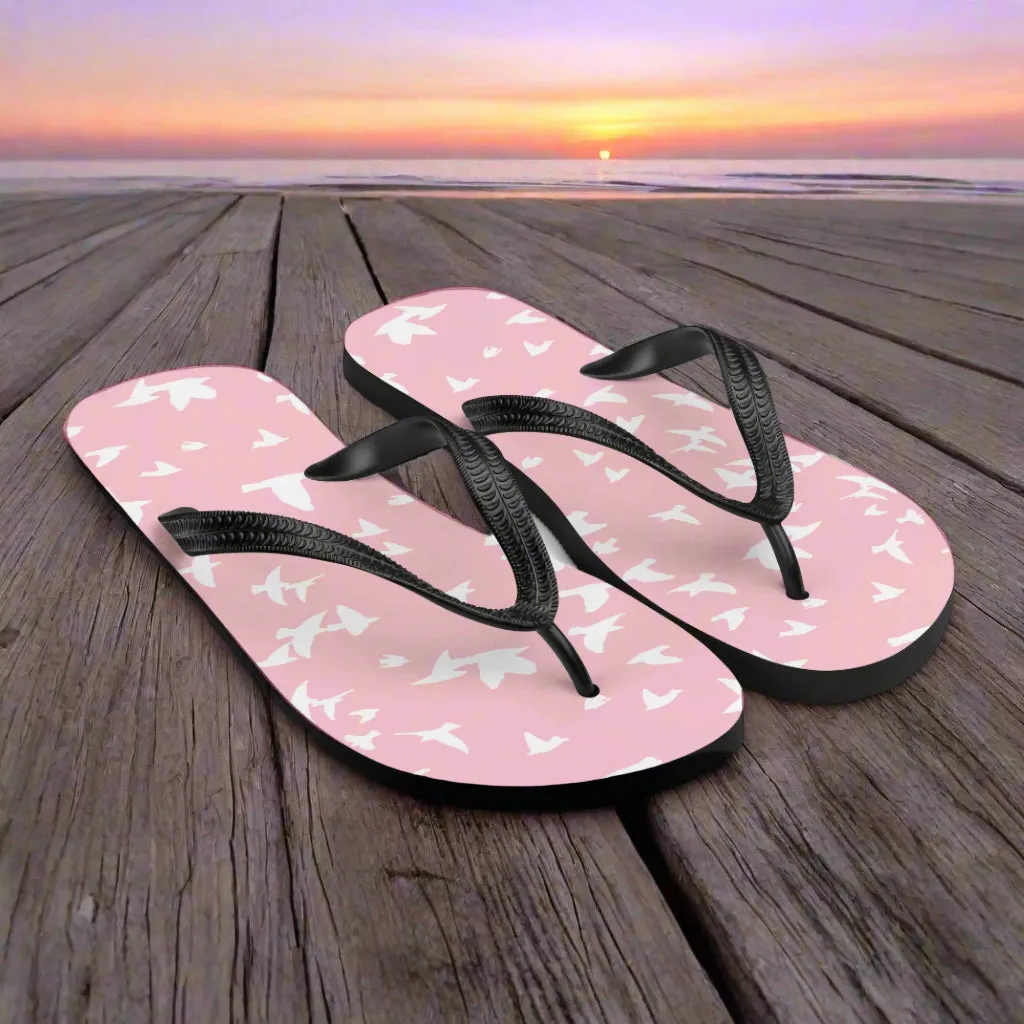 Eden Garden Pink White Bird Print Flip-Flops For Women