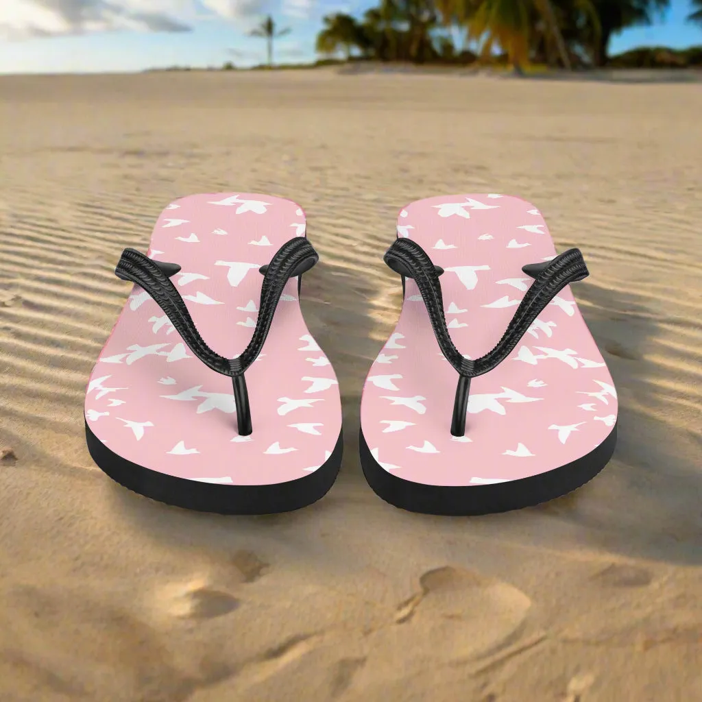Eden Garden Pink White Bird Print Flip-Flops For Women