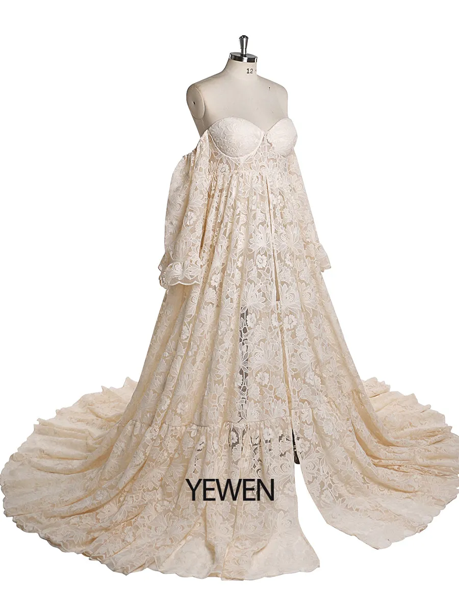 Elegant Lace Maternity Dress for Photo Shoots Off The Shouler Maxi Dress Fancy Photography Props YEWEN YW220701
