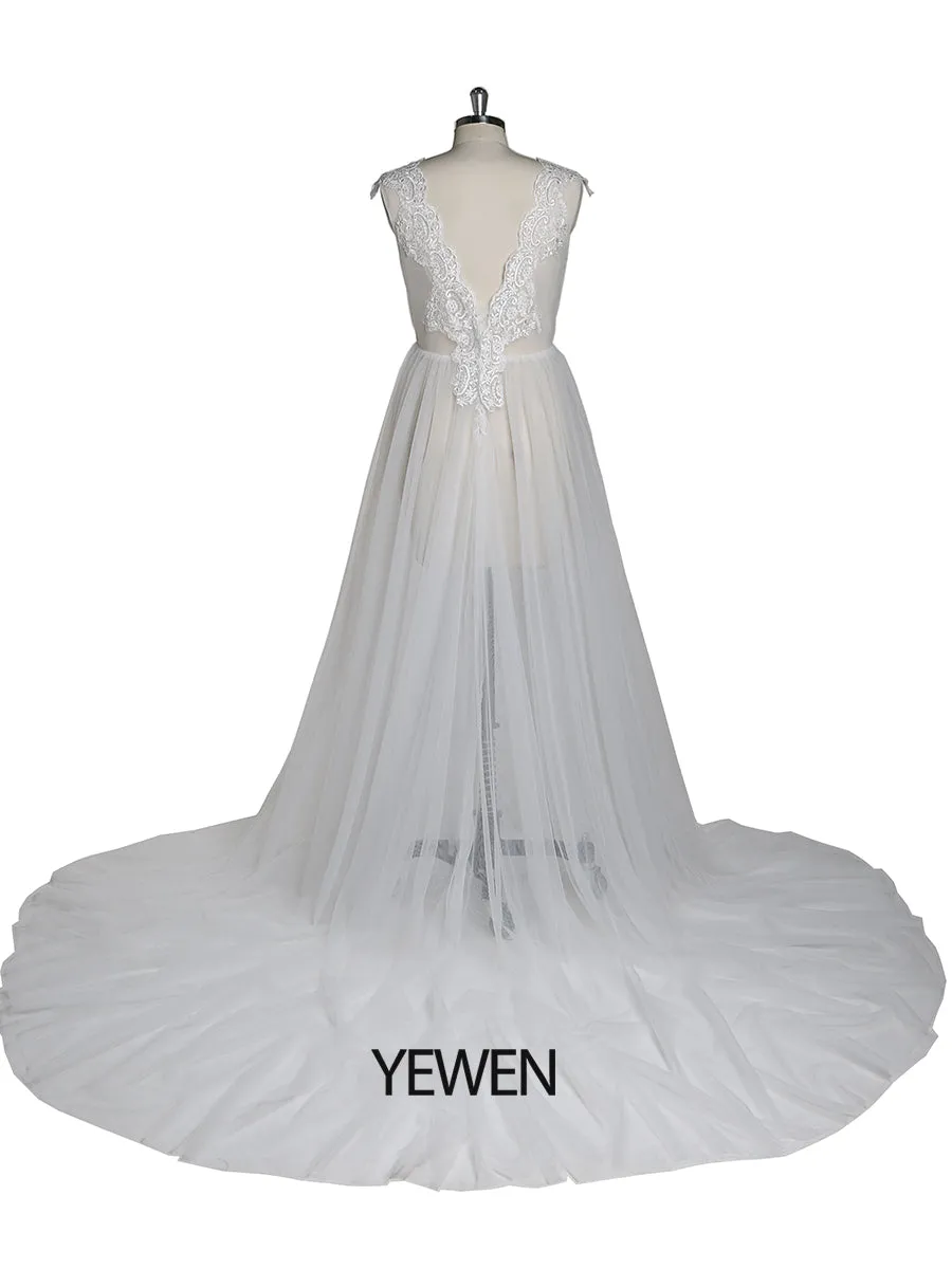 Elegant Sleeveless Sexy Tulle Lace Slit Maxi Wedding Dress Maternity Dress for Photo Shoot