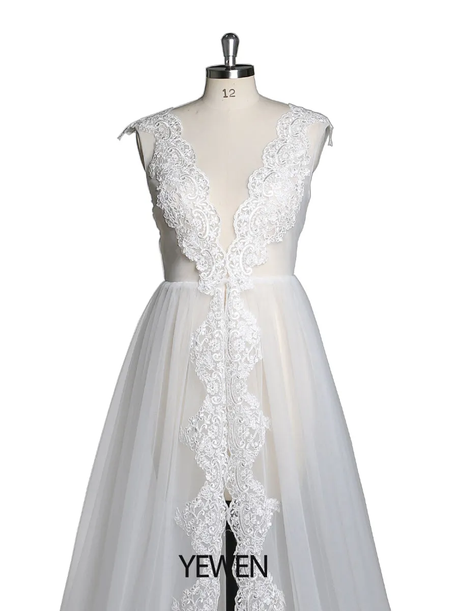 Elegant Sleeveless Sexy Tulle Lace Slit Maxi Wedding Dress Maternity Dress for Photo Shoot