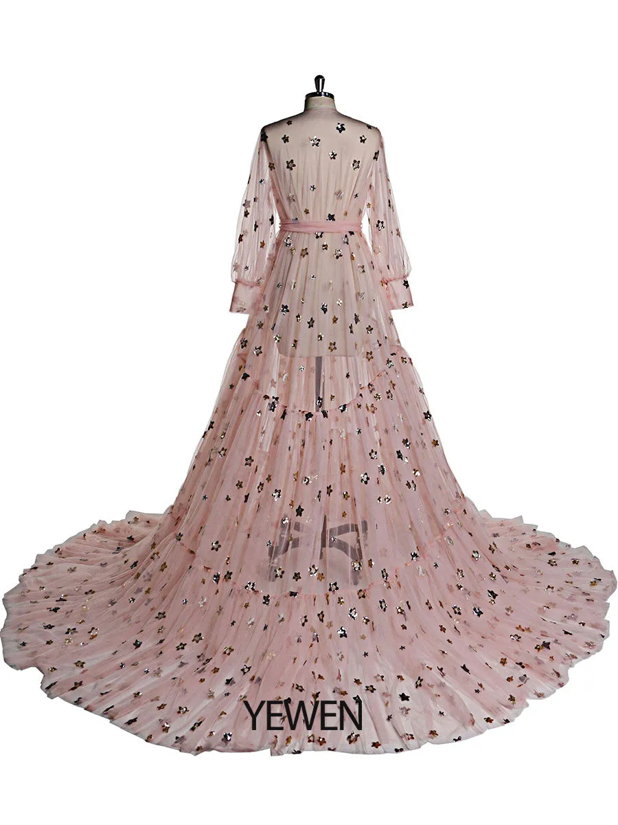 Elegant Sparkle Stars Maternity Robe Full Sleeves See Through Photo Shoot Dress Maternity Gown for baby showers Plus Size YD2104251