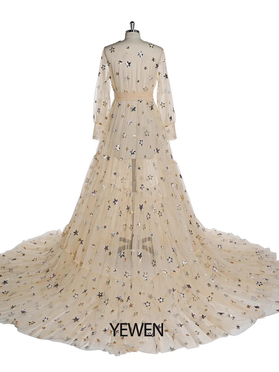 Elegant Sparkle Stars Maternity Robe Full Sleeves See Through Photo Shoot Dress Maternity Gown for baby showers Plus Size YD2104251