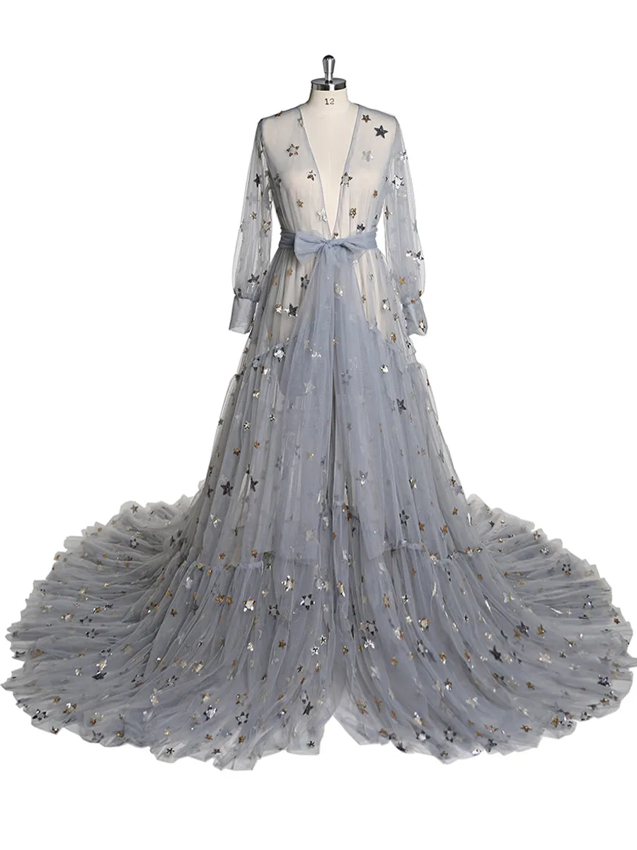 Elegant Sparkle Stars Maternity Robe Full Sleeves See Through Photo Shoot Dress Maternity Gown for baby showers Plus Size YD2104251