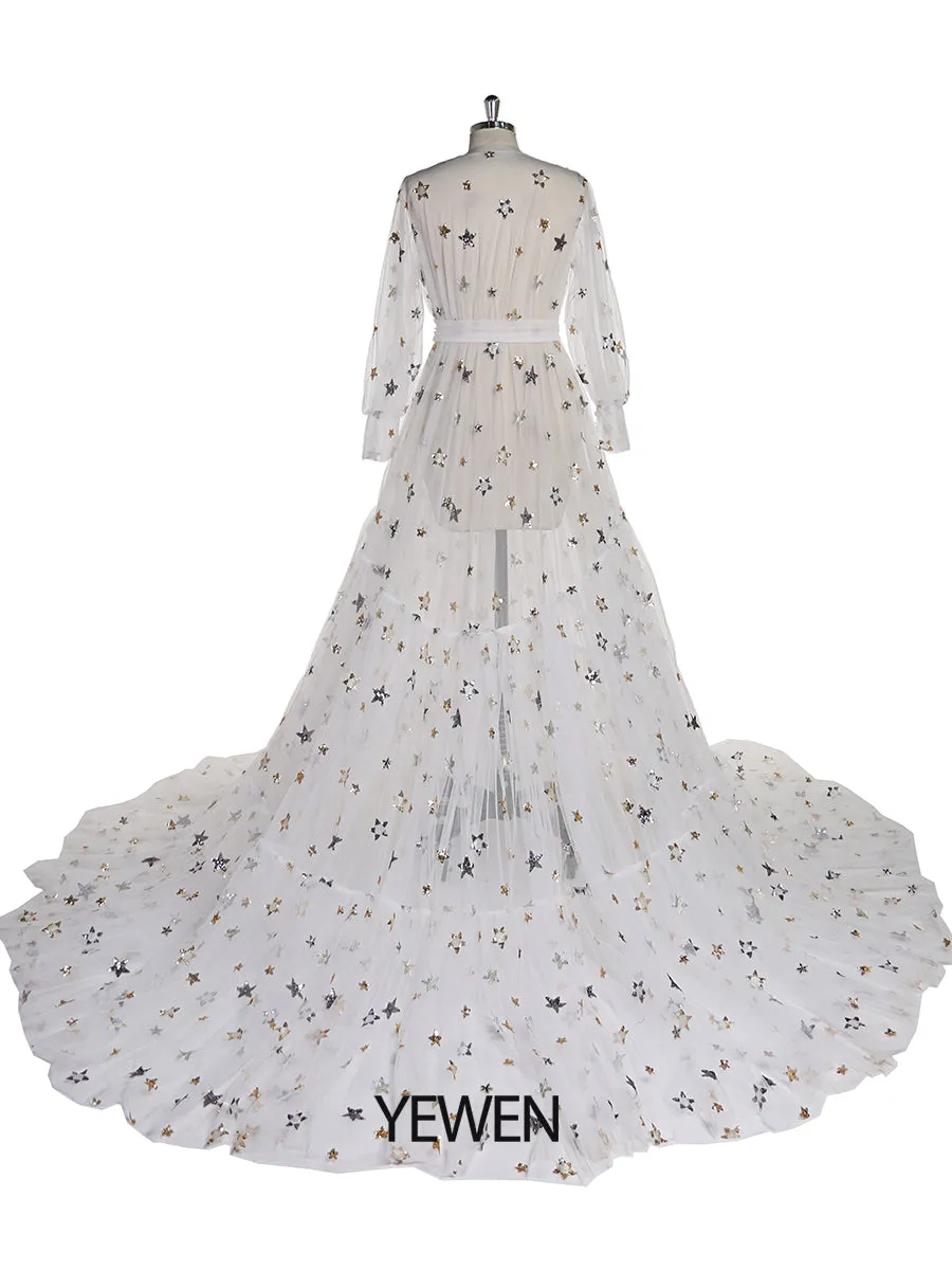 Elegant Sparkle Stars Maternity Robe Full Sleeves See Through Photo Shoot Dress Maternity Gown for baby showers Plus Size YD2104251