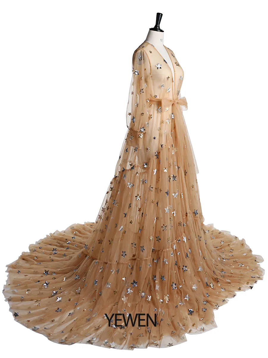 Elegant Sparkle Stars Maternity Robe Full Sleeves See Through Photo Shoot Dress Maternity Gown for baby showers Plus Size YD2104251