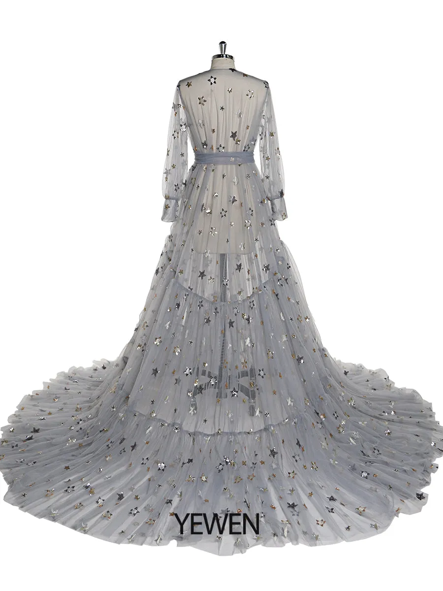Elegant Sparkle Stars Maternity Robe Full Sleeves See Through Photo Shoot Dress Maternity Gown for baby showers Plus Size YD2104251