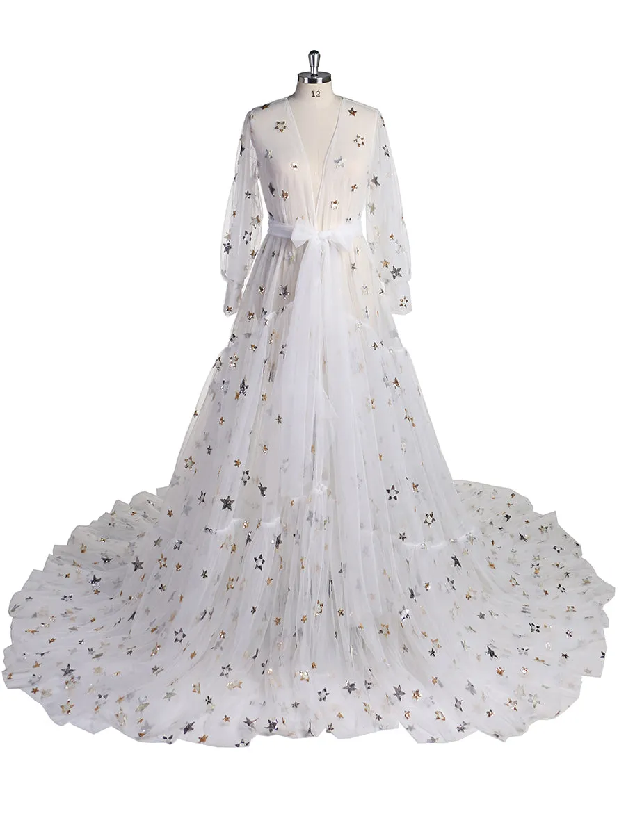 Elegant Sparkle Stars Maternity Robe Full Sleeves See Through Photo Shoot Dress Maternity Gown for baby showers Plus Size YD2104251