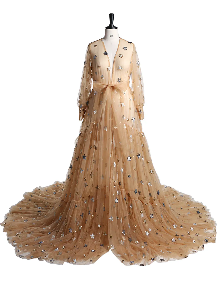 Elegant Sparkle Stars Maternity Robe Full Sleeves See Through Photo Shoot Dress Maternity Gown for baby showers Plus Size YD2104251