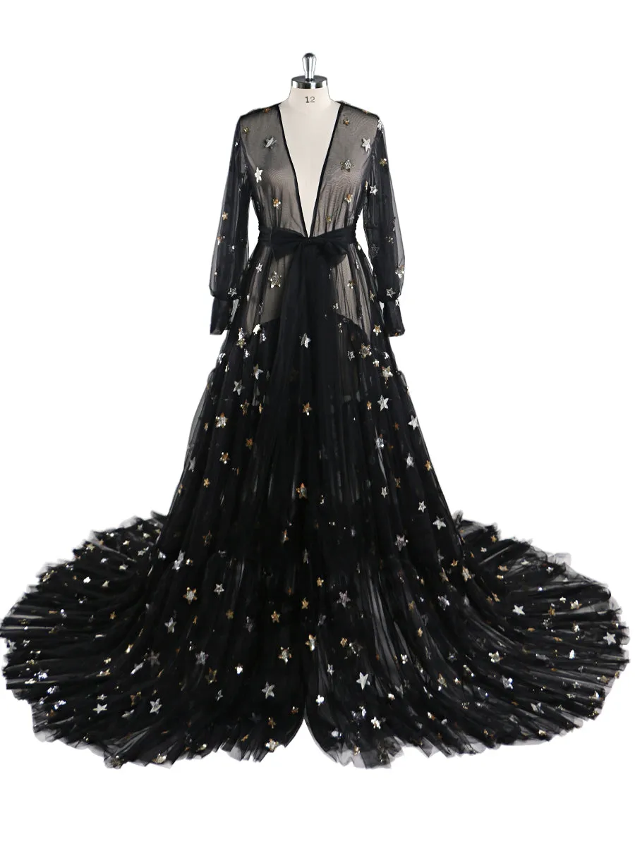 Elegant Sparkle Stars Maternity Robe Full Sleeves See Through Photo Shoot Dress Maternity Gown for baby showers Plus Size YD2104251