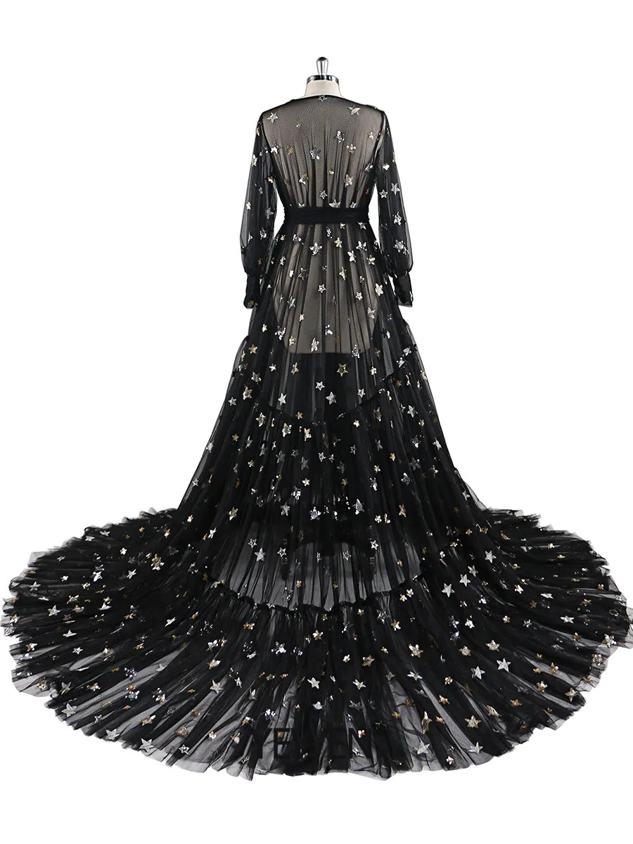 Elegant Sparkle Stars Maternity Robe Full Sleeves See Through Photo Shoot Dress Maternity Gown for baby showers Plus Size YD2104251