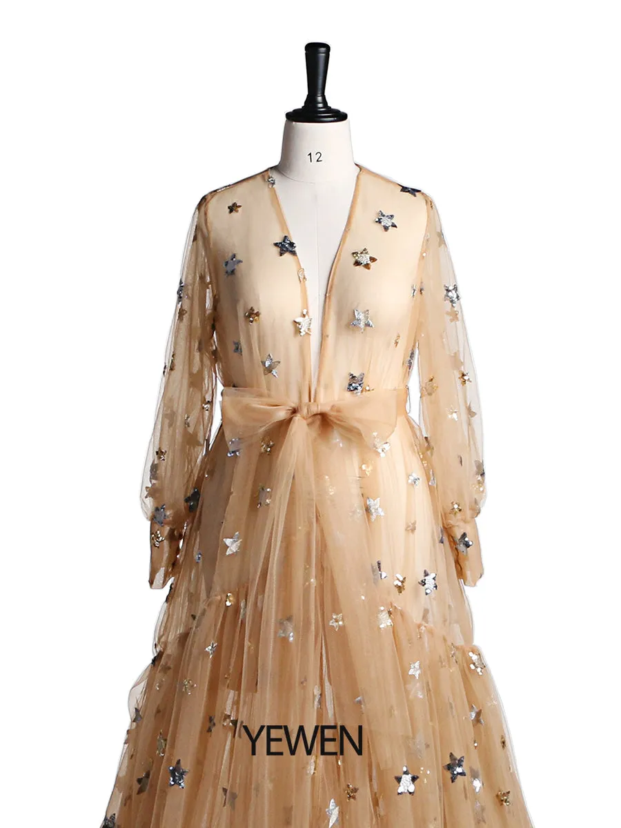 Elegant Sparkle Stars Maternity Robe Full Sleeves See Through Photo Shoot Dress Maternity Gown for baby showers Plus Size YD2104251