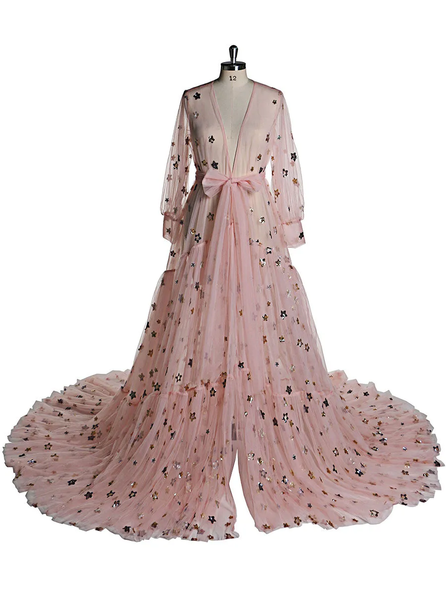 Elegant Sparkle Stars Maternity Robe Full Sleeves See Through Photo Shoot Dress Maternity Gown for baby showers Plus Size YD2104251