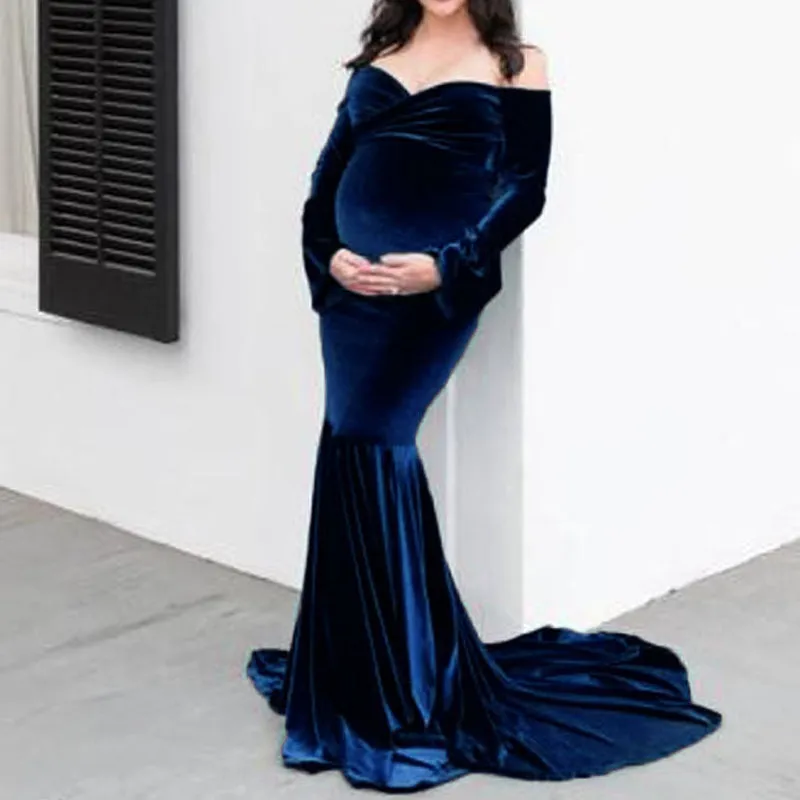 Ethereal Elegance: Long Sleeve Velvet Maternity Dress for Photoshoot