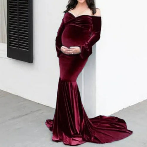 Ethereal Elegance: Long Sleeve Velvet Maternity Dress for Photoshoot
