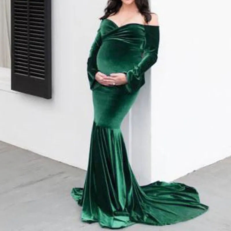 Ethereal Elegance: Long Sleeve Velvet Maternity Dress for Photoshoot