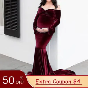 Ethereal Elegance: Long Sleeve Velvet Maternity Dress for Photoshoot