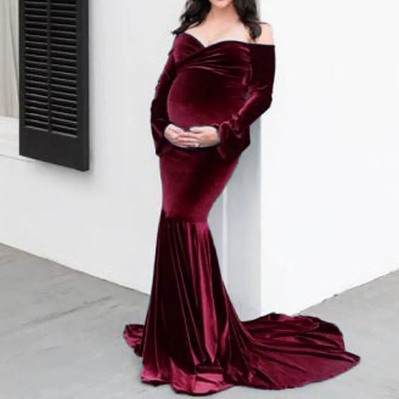 Ethereal Elegance: Long Sleeve Velvet Maternity Dress for Photoshoot