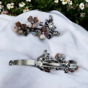 Flower with Stone type Spring Hairclip for Women - Brown
