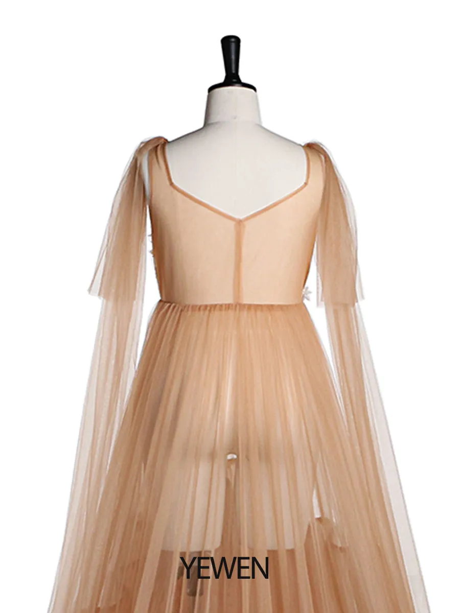Flowers Tulle Maternity Dress for Photo Shoot Deep V Neck Front Open Maternity Gown for Baby Shower YD21624