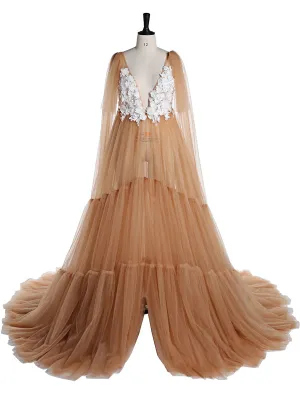 Flowers Tulle Maternity Dress for Photo Shoot Deep V Neck Front Open Maternity Gown for Baby Shower YD21624