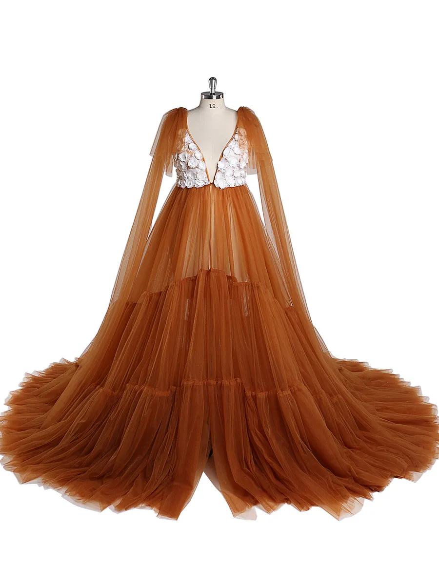 Flowers Tulle Maternity Dress for Photo Shoot Deep V Neck Front Open Maternity Gown for Baby Shower YD21624